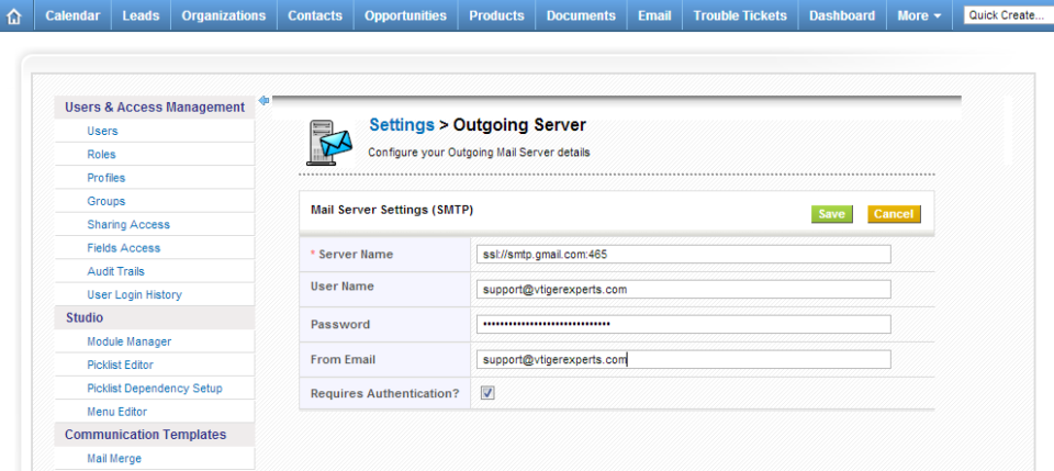 Setup GMail Outgoing Server in vTiger