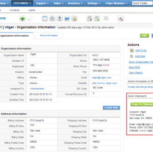 vTiger CRM Auto Clipboard Widget