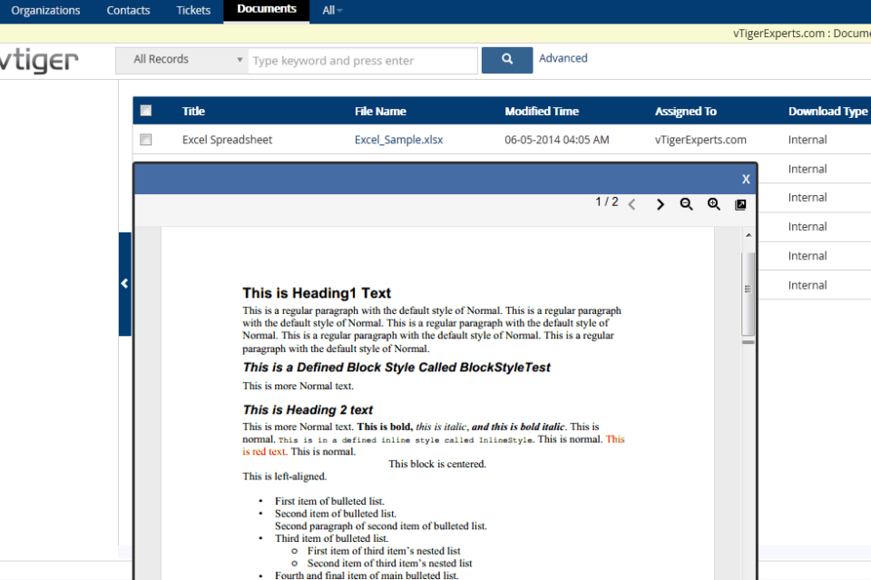 vTiger Document Preview