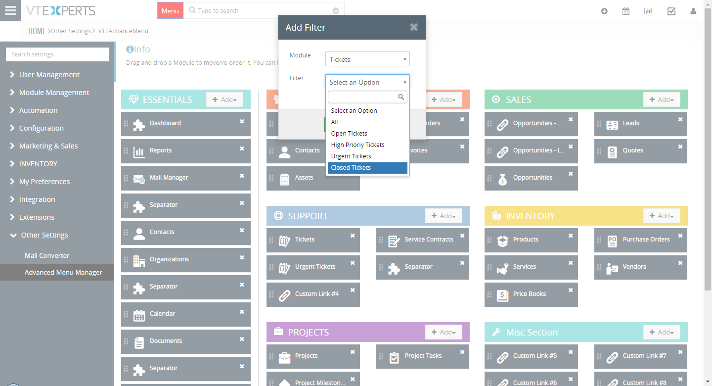 VTiger 7 Menu Manager - Settings- Add Filters