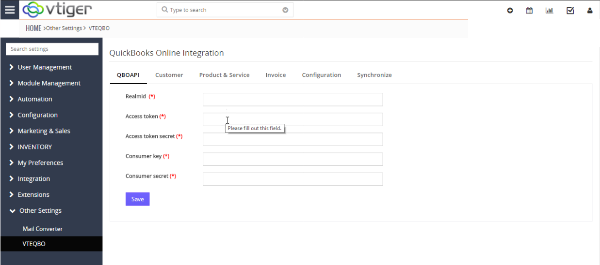 VTiger & Quickbooks Online Integration - API Configuration