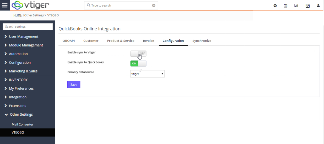 VTiger & Quickbooks Online Integration - Configuration