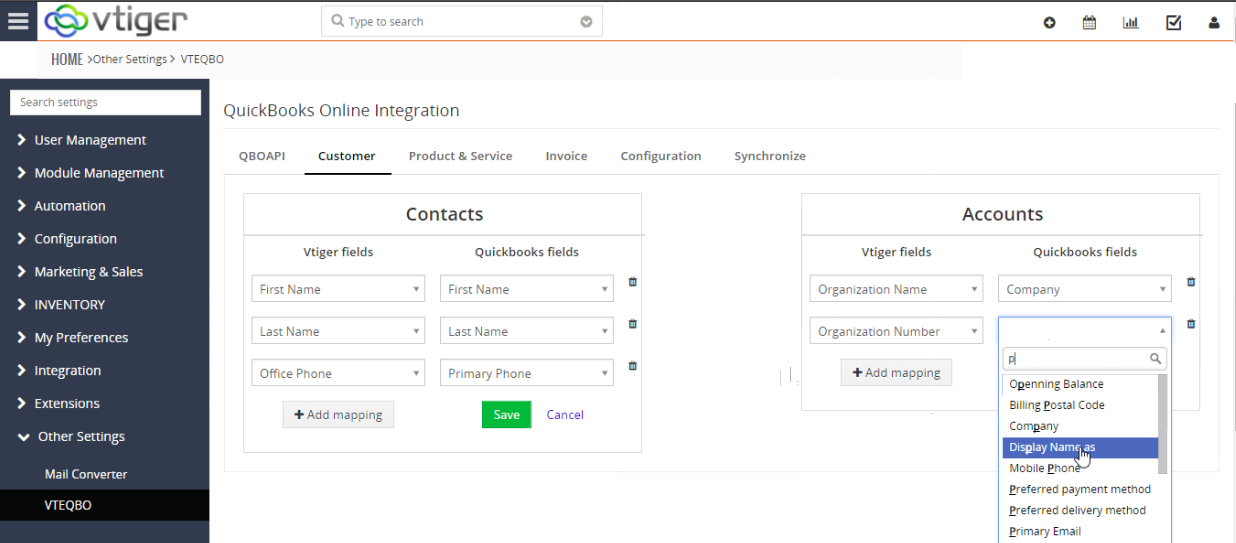 VTiger & Quickbooks Online Integration - Customer Mapping