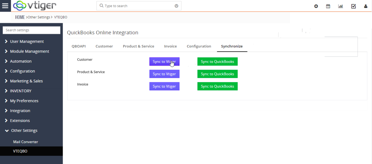 VTiger & Quickbooks Online Integration - Synchronize