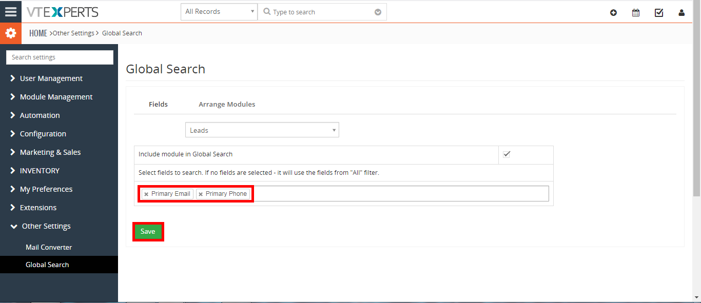 how to include phone, email (or any other field) in VTiger search 6