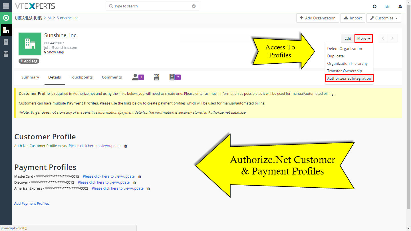VTiger Authorize.Net Integration - Access to profiles