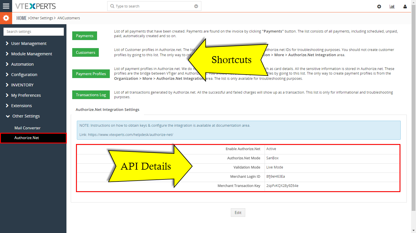 VTiger Authorize.Net Integration - Configuration