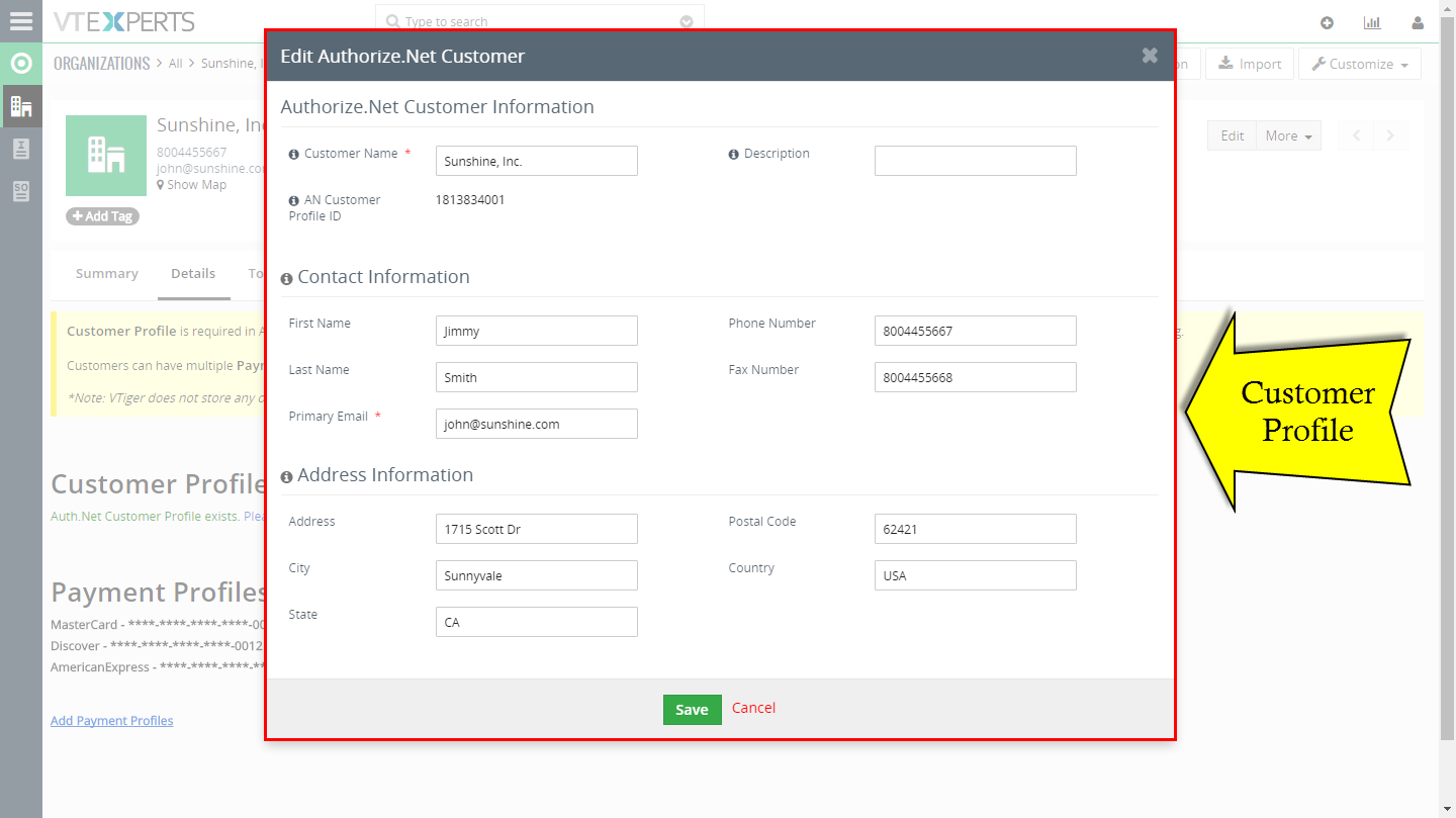 VTiger Authorize.Net Integration - Customer profile