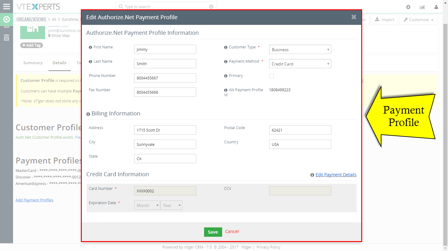 VTiger Authorize.Net Integration - payment profile