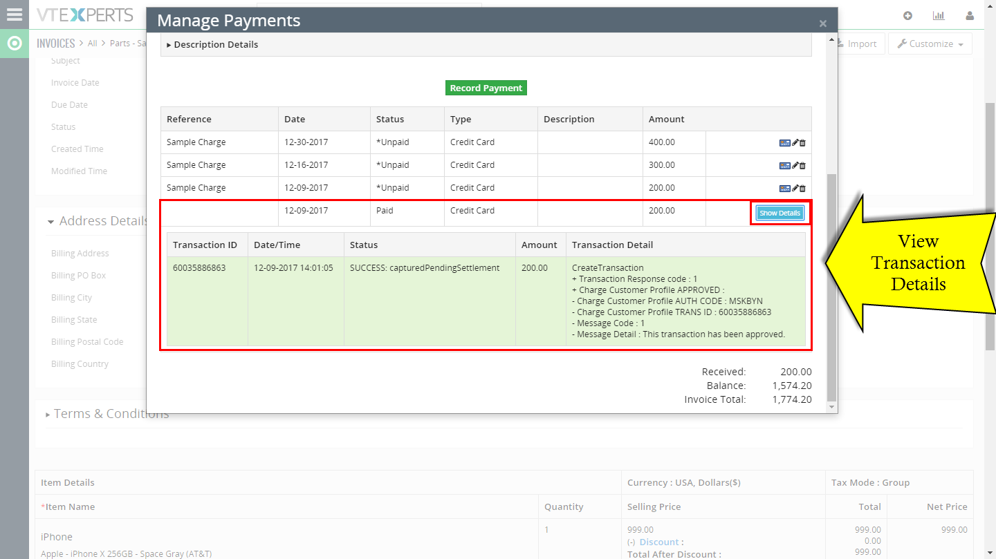 VTiger Authorize.Net Integration -view trsnaction details