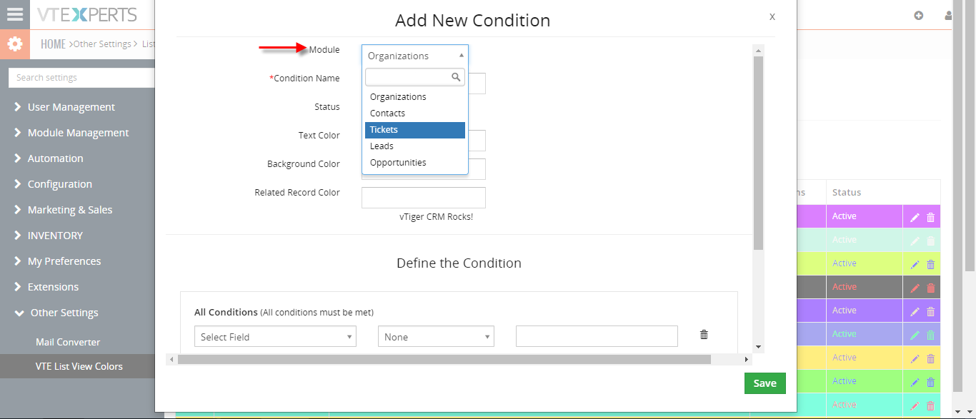 color lists in VTiger 2