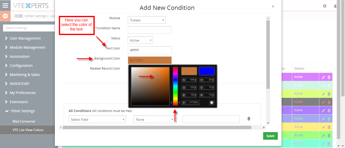 color lists in VTiger 3