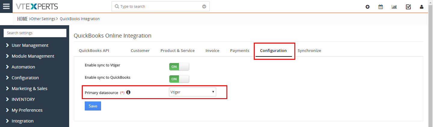QuickBooks Online Integration for VTiger 7 - primary data source