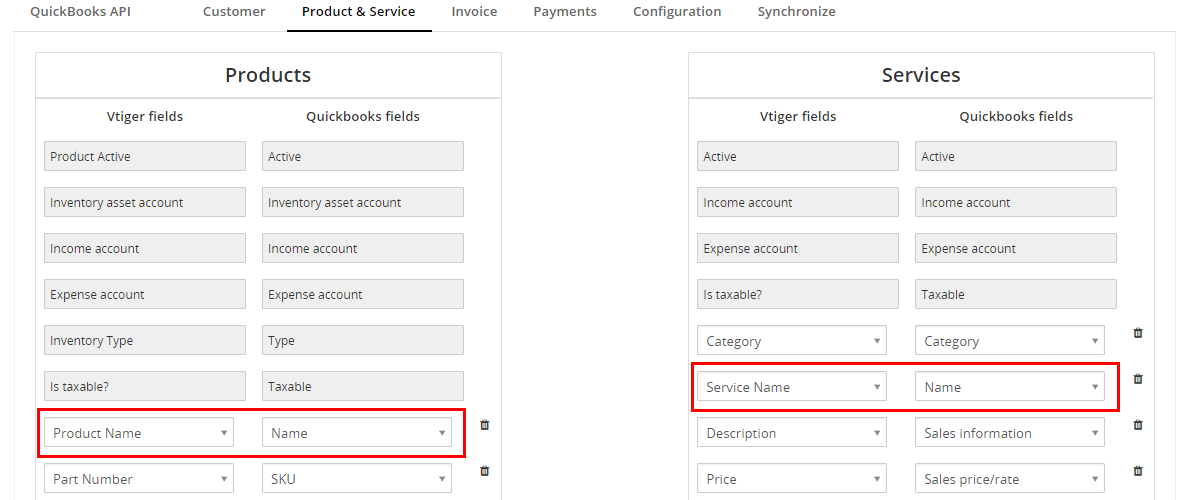 QuickBooks Online Integration for VTiger 7 - product and service mapping