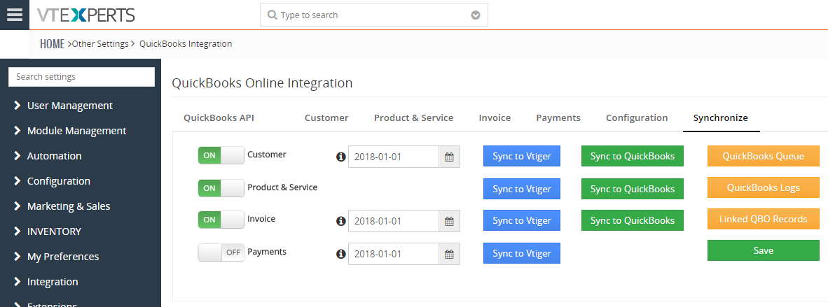 QuickBooks Online Integration for VTiger 7 - sync