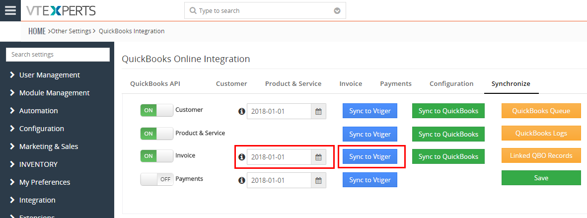 QuickBooks Online Integration for VTiger 7 - sync2