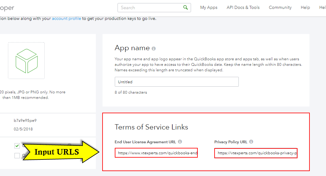 Quickbooks API Configuration - Vtiger - input urls