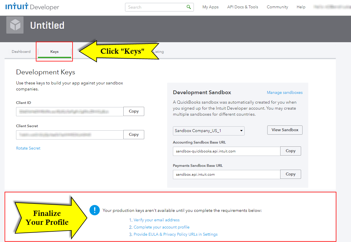 Quickbooks API Configuration - Vtiger - keys