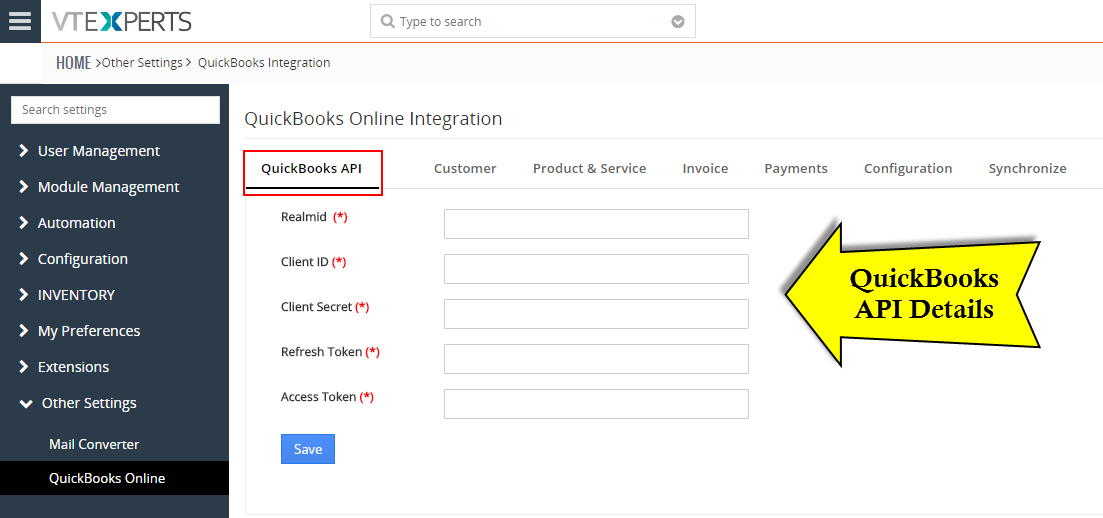 Quickbooks API Configuration - Vtiger