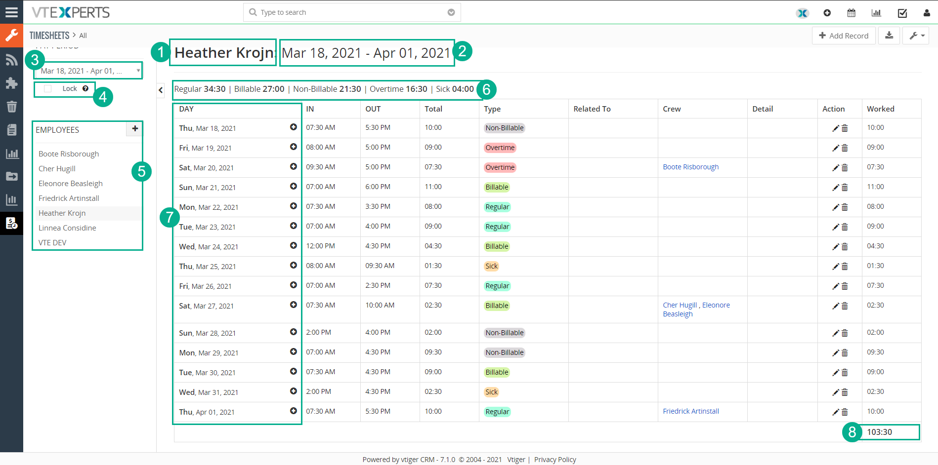 User interface of timesheets