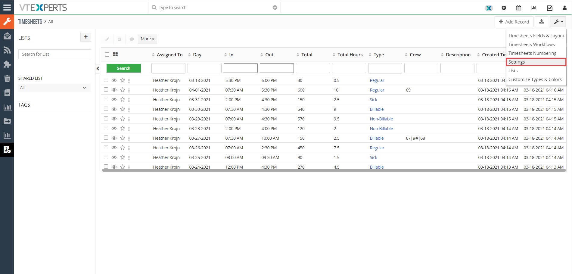 Timesheets configuration 