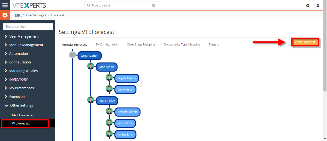 view your sales opportunity forecast by sales rep in vtiger 1