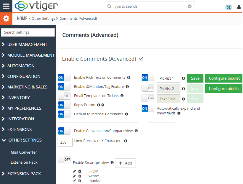 vtiger 7 advanced comments configuration