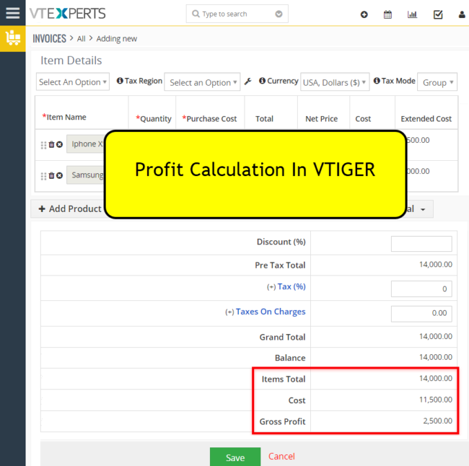 calculate gross profit in vtiger