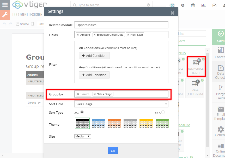 document designer vtiger vtexperts group related records by fields