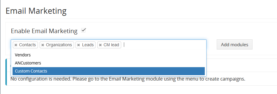 Adding Custom modules to Email Marketing Extension