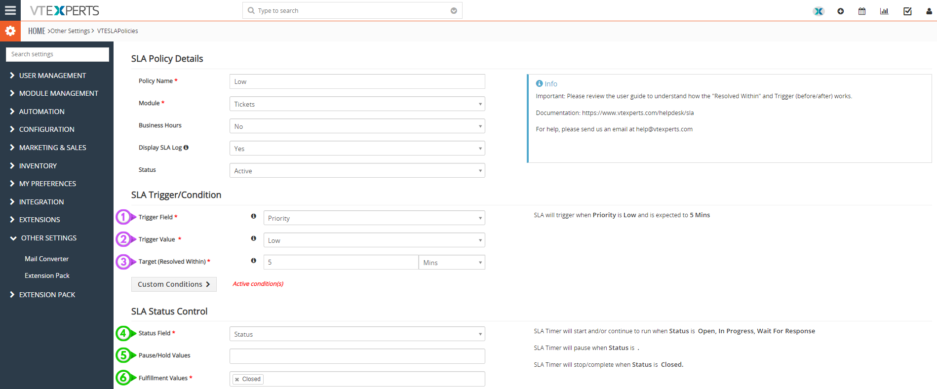 SLA use case for tickets in Vtiger