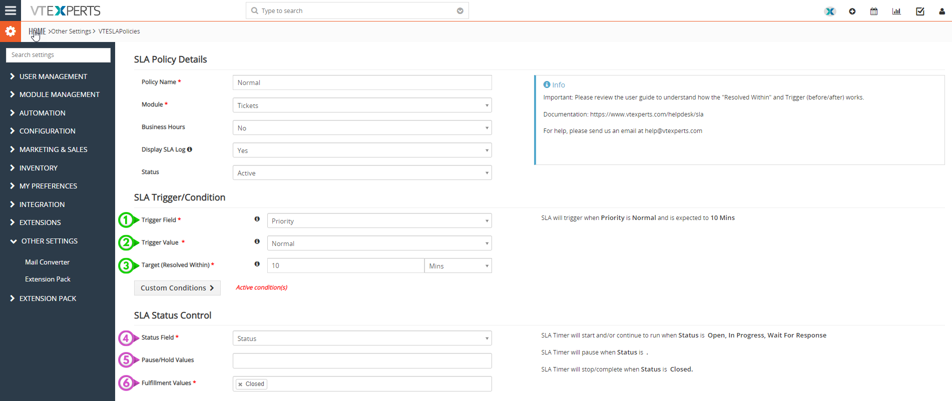 SLA use case for tickets in Vtiger